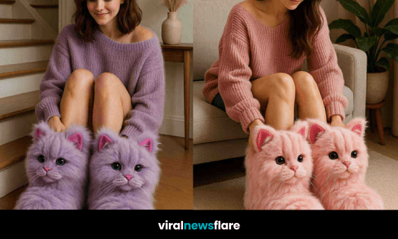 A variety of colourful cat-shaped slippers featuring realistic cat faces and fluffy faux fur.
