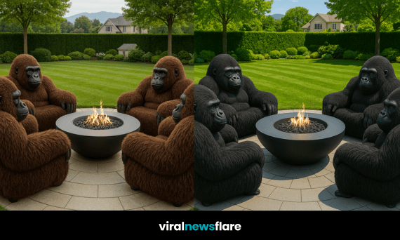 Oversized gorilla-shaped garden armchairs in various colours surrounding a central fire pit in a landscaped garden.