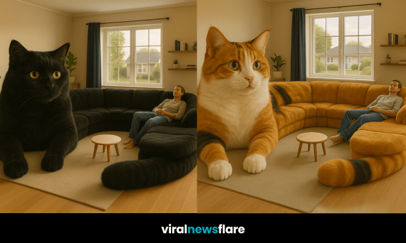 oversized cat-shaped sectional sofas in ginger tabby, calico, brown tabby, and black designs.