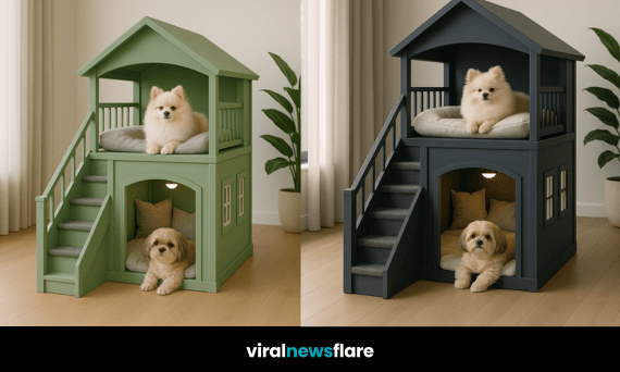 Elegant two-storey indoor dog house with staircase and two small dogs, styled in a modern living room.