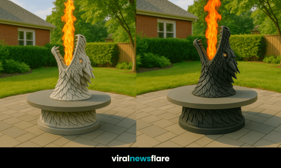 A detailed green dragon head firepit table with flames shooting from its mouth, set on a patio in a landscaped garden.