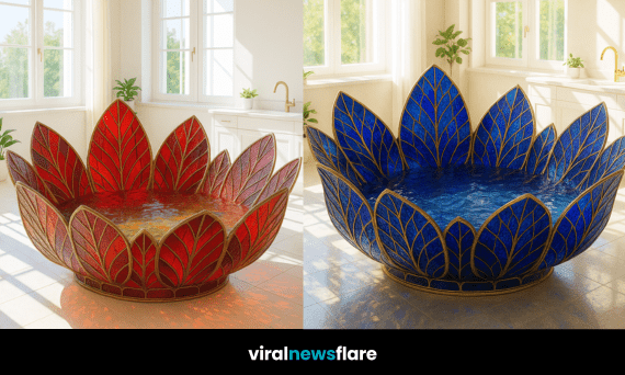 Collection of luxury lotus flower bathtubs in pink, blue, red, and yellow designs.