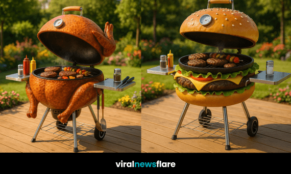 Collection of unique BBQ grills shaped like an ice cream cone, roast turkey, burger, and hot dog.