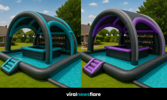 A selection of luxury inflatable pool bar designs in various bold colour combinations.