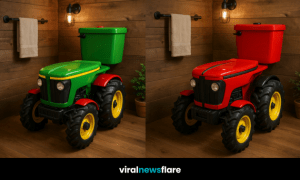 tractor-shaped toilet in a wooden-panelled bathroom with black fixtures and warm lighting