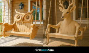 Set of rustic animal-shaped wooden porch swing chairs including bear, fox, deer, and owl designs.