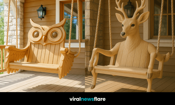 Set of rustic animal-shaped wooden porch swing chairs including bear, fox, deer, and owl designs.
