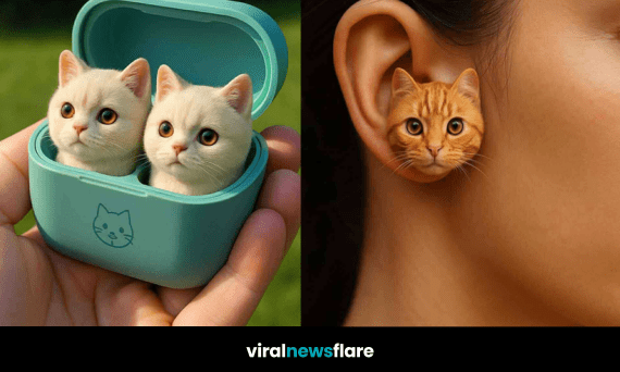 Selection of cat-themed earbuds and accessories including tabby, cream, ginger, and black cat designs.