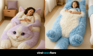 Oversized fluffy cat-shaped bed with person sleeping, cosy novelty furniture design.