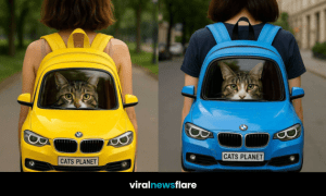 A cat inside a yellow car-shaped backpack, designed as a fun and stylish pet carrier.