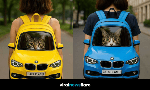 A cat inside a yellow car-shaped backpack, designed as a fun and stylish pet carrier.