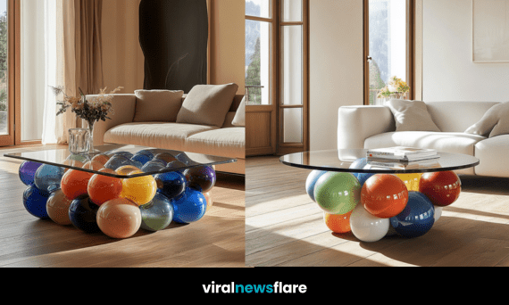 Contemporary bubble coffee table with a square glass surface and multicoloured glossy orbs as the base.
