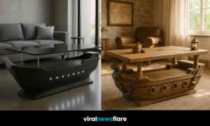 Collection of ship-inspired coffee tables including classic galleon, modern black, aquarium, and rustic wooden designs