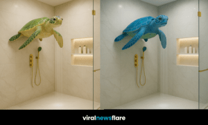 A stunning blue turtle shower head in a luxury bathroom, blending marine design with gold fixtures.