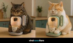 cat-shaped coffee machines, each hugging a sleepy mug, displayed in stylish kitchen settings