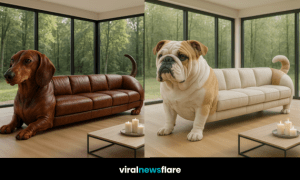 A unique dog-shaped sofa in a modern living room with large windows overlooking a green forest.