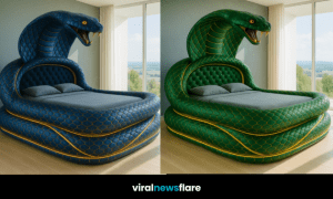 Luxury snake-shaped bed with sculpted serpent head and coiled frame in a modern bedroom