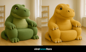 Oversized dinosaur armchair in modern living room with wooden floor