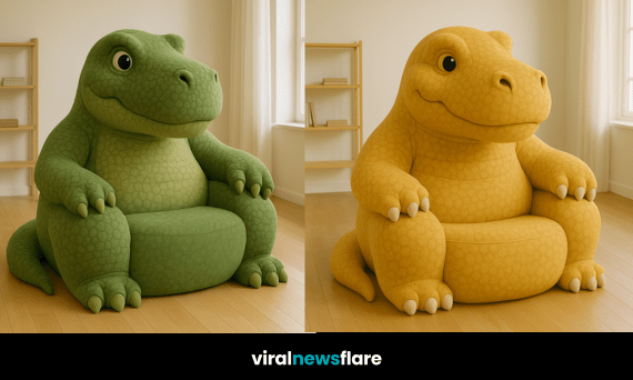 Oversized dinosaur armchair in modern living room with wooden floor