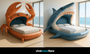 Collection of luxury ocean-inspired animal beds including turtle, crab, shark, and whale designs in modern coastal interiors.