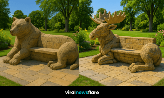A collection of animal stone benches featuring lion, elephant, moose, and bear designs in a scenic garden.