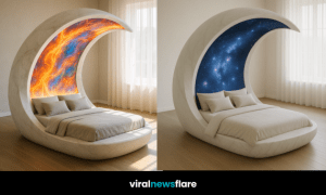 A collection of celestial crescent beds with illuminated backdrops including honeycomb, nebula, starry sky, and pastel wave designs
