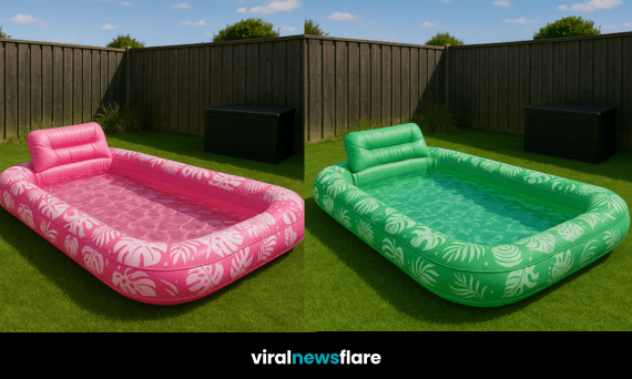 Inflatable lounger pool with tropical leaf design and recliner headrest, perfect for summer garden relaxation.