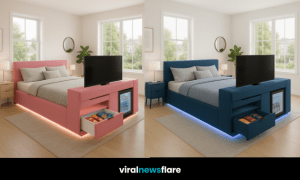 Modern smart storage bed with integrated TV, mini-fridge, and drawers in a stylish bedroom