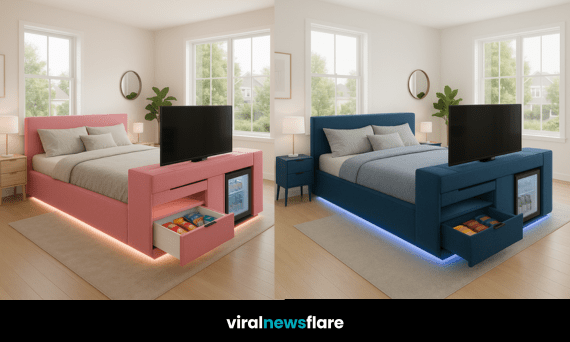 Modern smart storage bed with integrated TV, mini-fridge, and drawers in a stylish bedroom