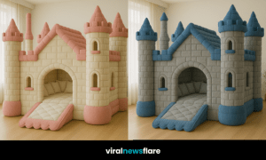 A large castle-shaped children’s bed with soft padded fabric, turrets, and play area inside.