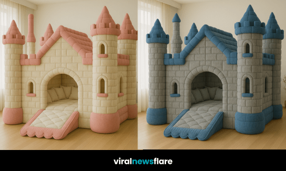 A large castle-shaped children’s bed with soft padded fabric, turrets, and play area inside.