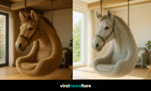 A horse-shaped hanging chair in a bright modern living room with natural light