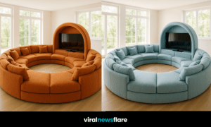 Circular sofa with built-in TV unit in dark grey fabric placed in a bright modern living room.