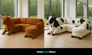 A collection of creative cow sofas in various colours and designs displayed in a modern home setting.