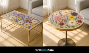 A luxury rectangular resin coffee table with golden frame and embedded real pressed flowers in vibrant colours.