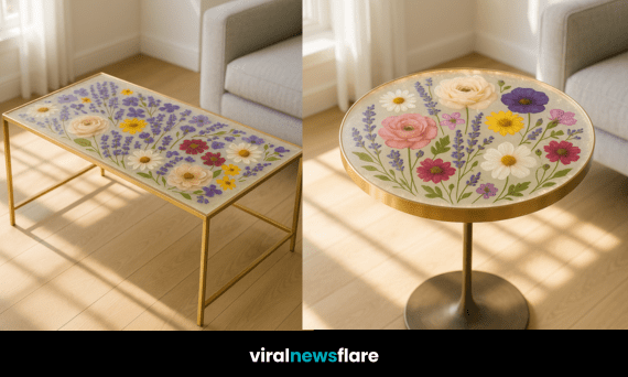 A luxury rectangular resin coffee table with golden frame and embedded real pressed flowers in vibrant colours.