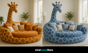 Oversized giraffe sofa with patterned upholstery and cushions in a bright modern living room.