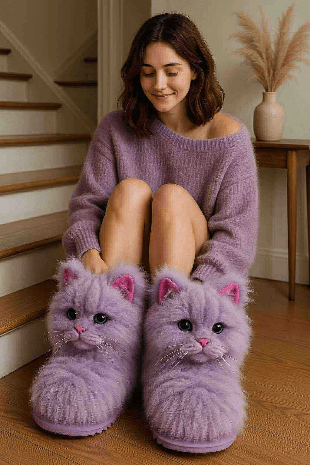 Fluffy lavender cat-shaped slippers with realistic cat faces worn with a matching purple jumper.