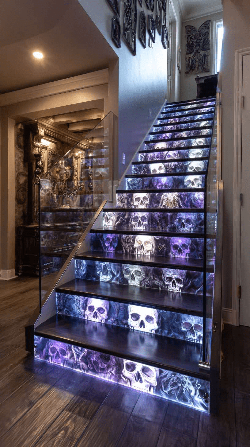 Staircase decorated with skull illustrations and purple-blue lighting for Halloween.