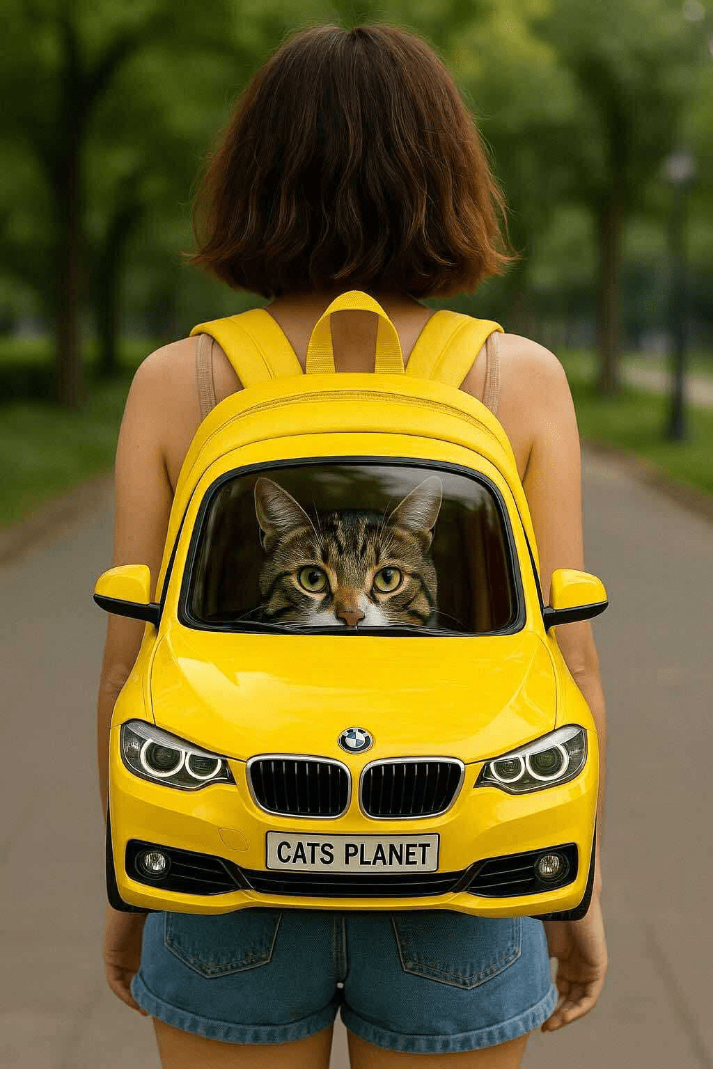 Tabby cat looking through the window of a bright yellow car-shaped backpack.