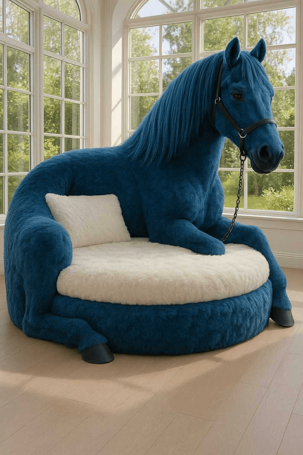  A large horse-shaped armchair in dark blue with a white cushion, set in a sunlit room with large windows.