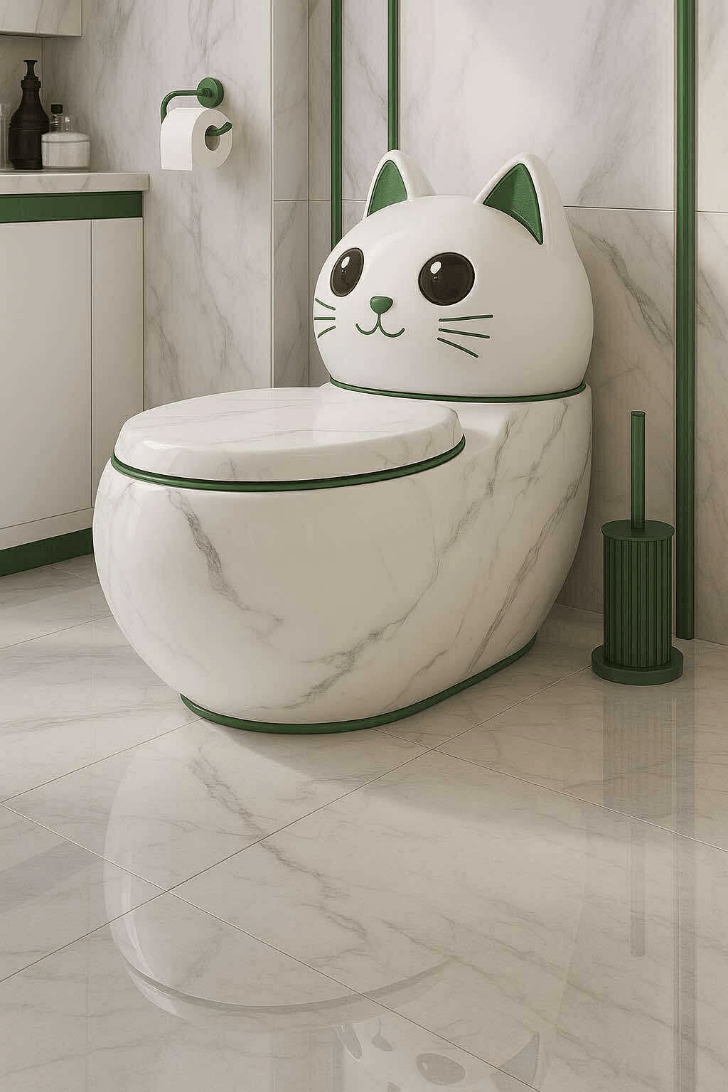 Cat-inspired marble toilet with green detailing and matching bathroom accessories