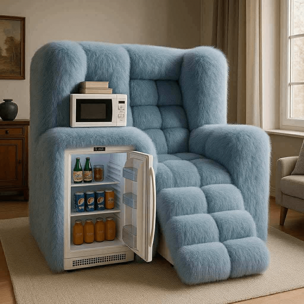 Plush blue oversized armchair featuring a built-in mini fridge and microwave in a cosy living room setting.