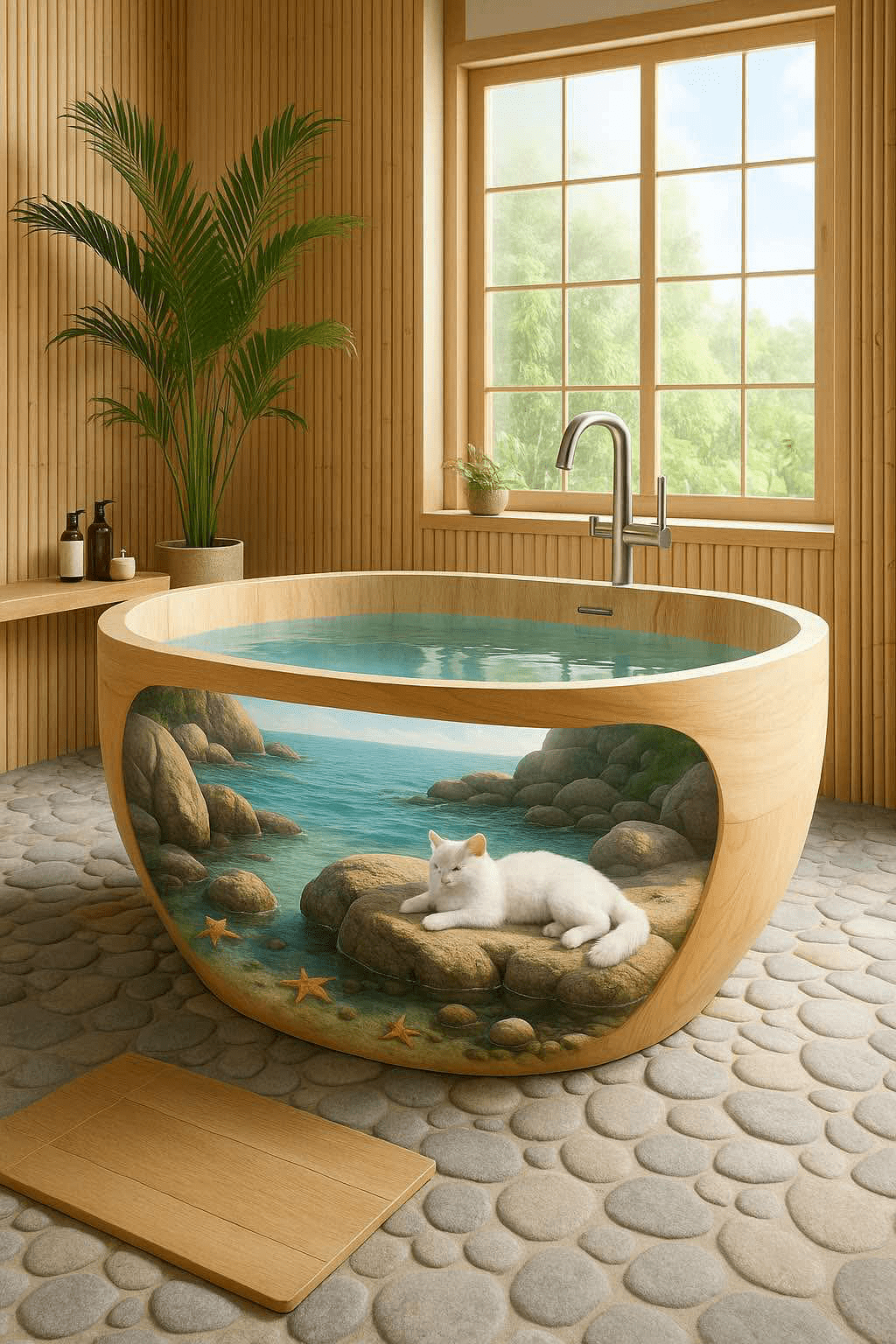 Wooden bathtub featuring a white cat resting by turquoise waters with starfish, in a spa-style bathroom.