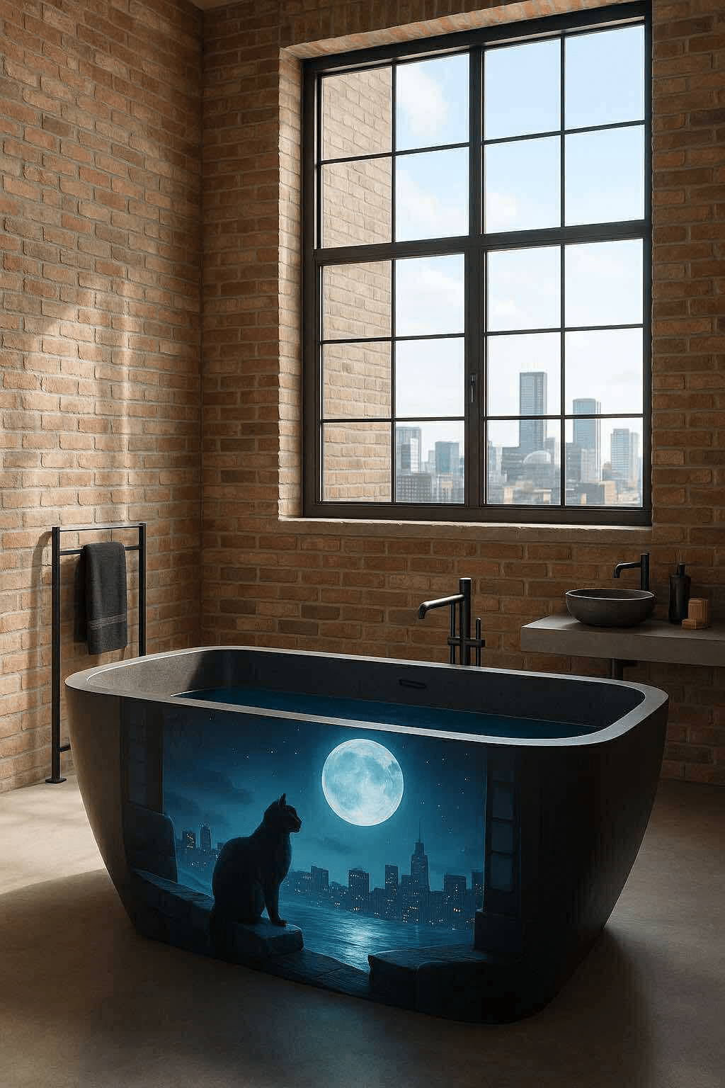 Black bathtub with city skyline and moonlit cat design in an exposed brick loft bathroom.
