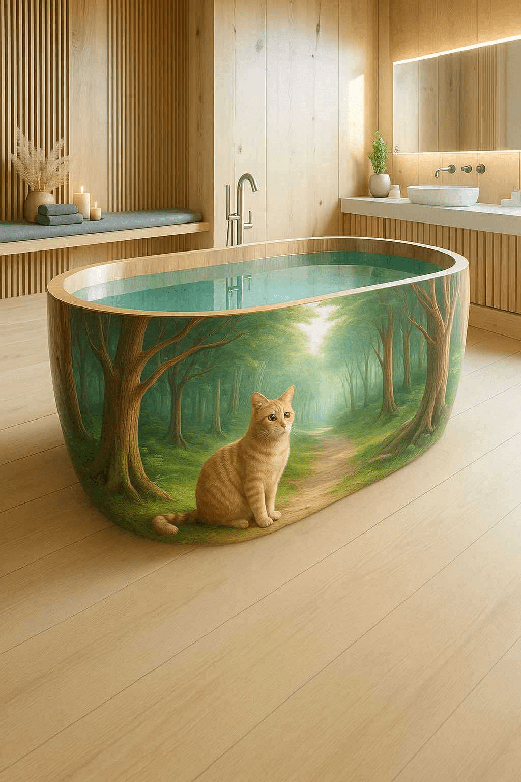Modern freestanding bathtub with ginger cat in a lush green forest design.