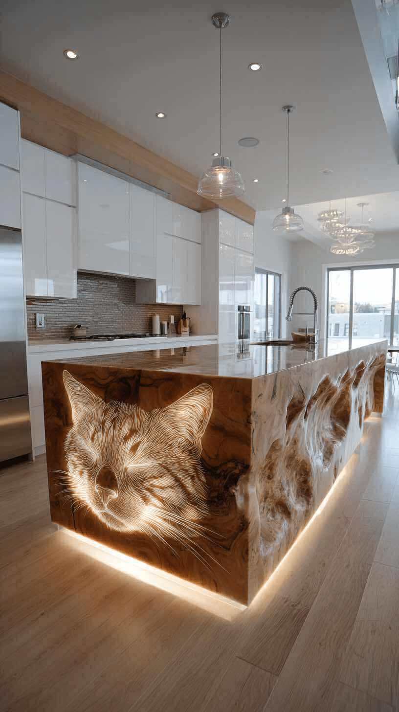 Modern kitchen island with engraved wooden cat portrait illuminated with warm LED lighting.