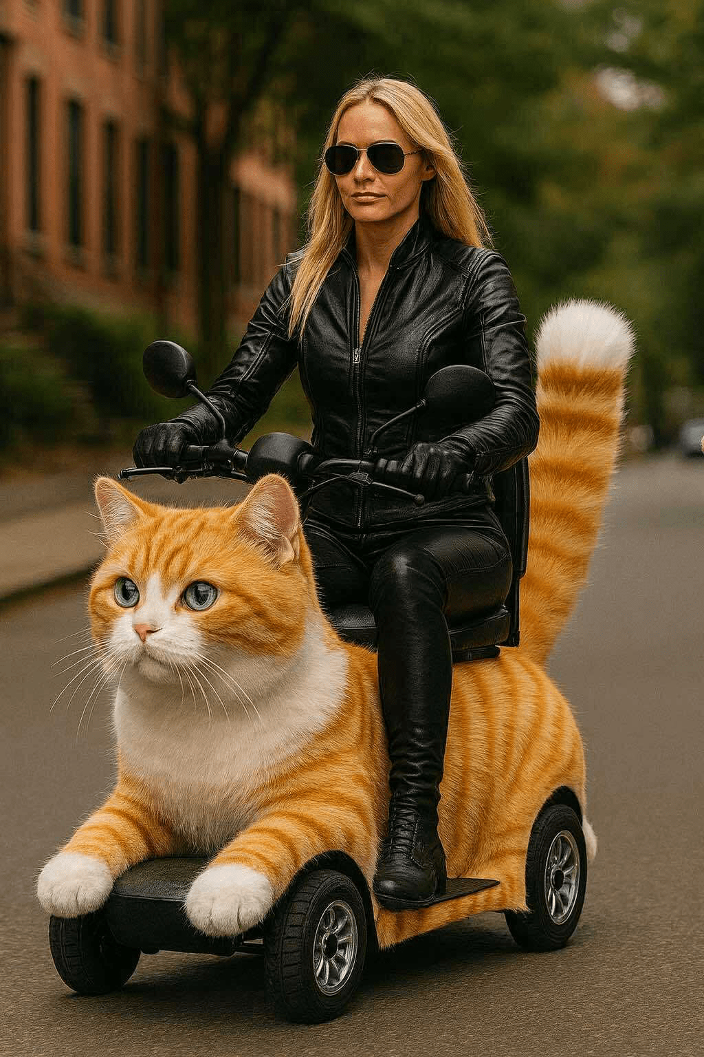 Woman in black leather jacket riding a giant ginger tabby cat-shaped mobility scooter on a city street.
