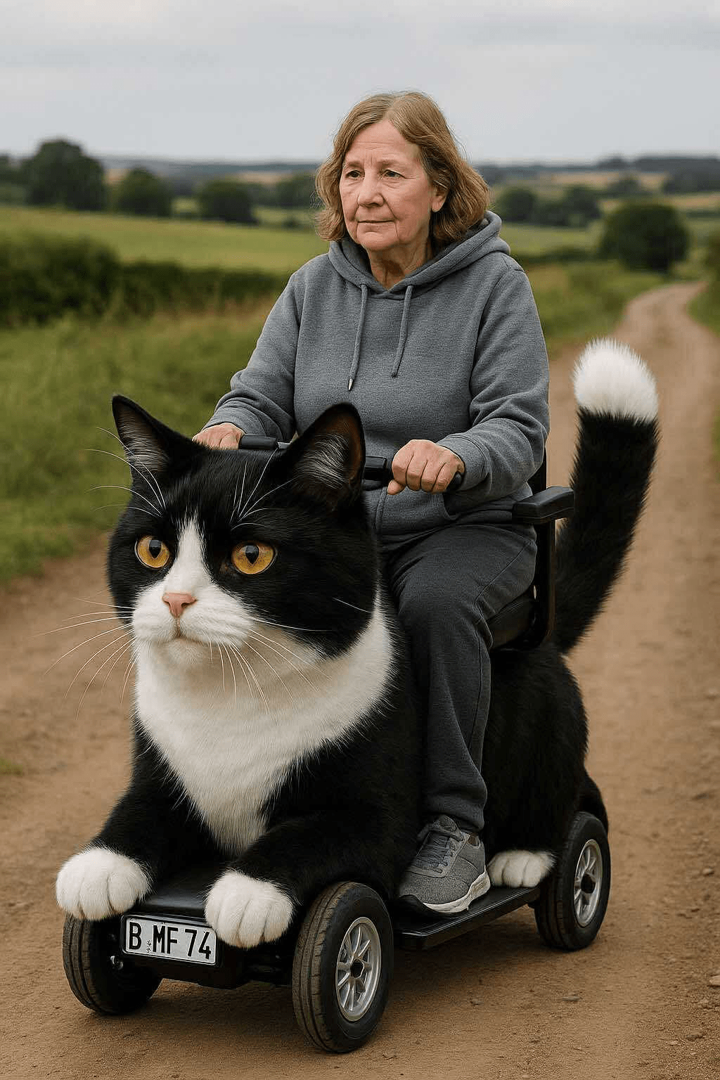 Woman riding a giant black and white cat-shaped mobility scooter on a rural dirt path.