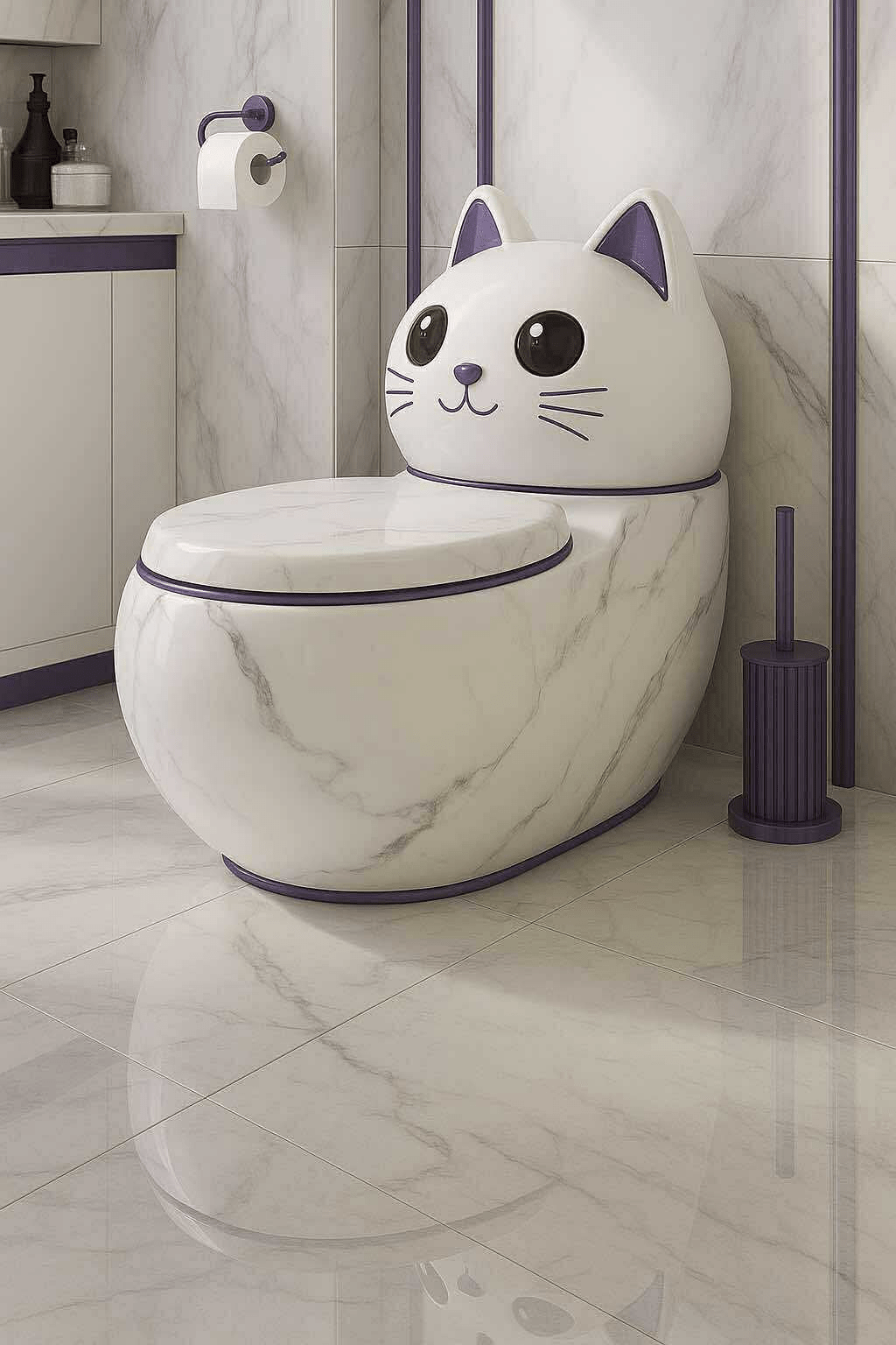Luxurious marble toilet shaped like a cat with purple trim in a modern bathroom setting